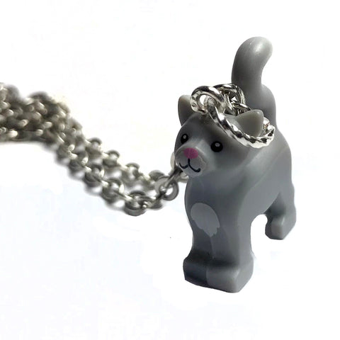 Standing Cat Necklace (Grey) made using up-cycled LEGO® pieces